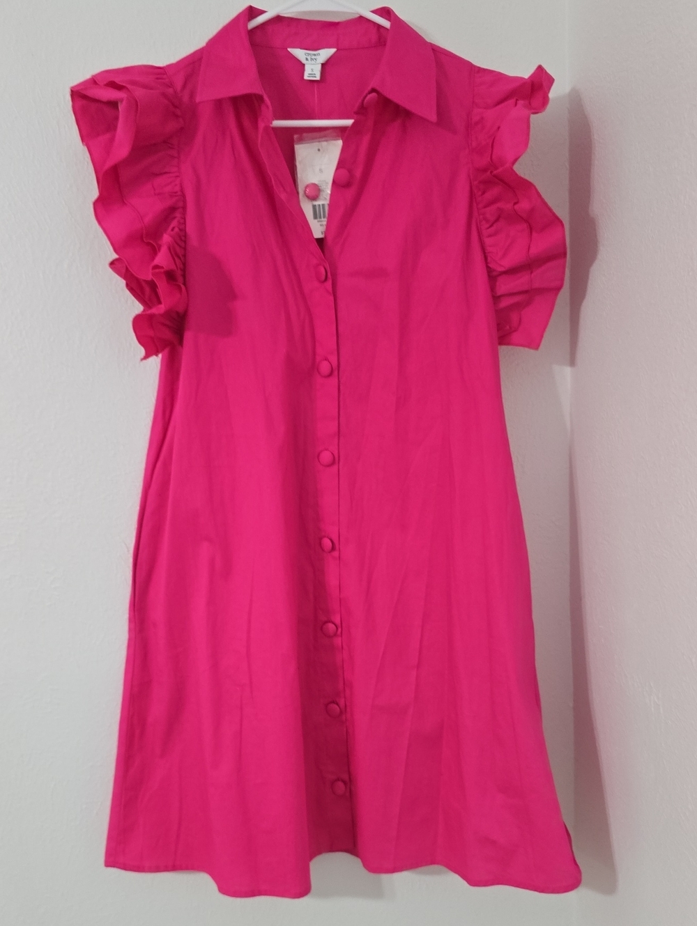crown & ivy Hot Pink Ruffle-Sleeve Button-Front Maxi Dress